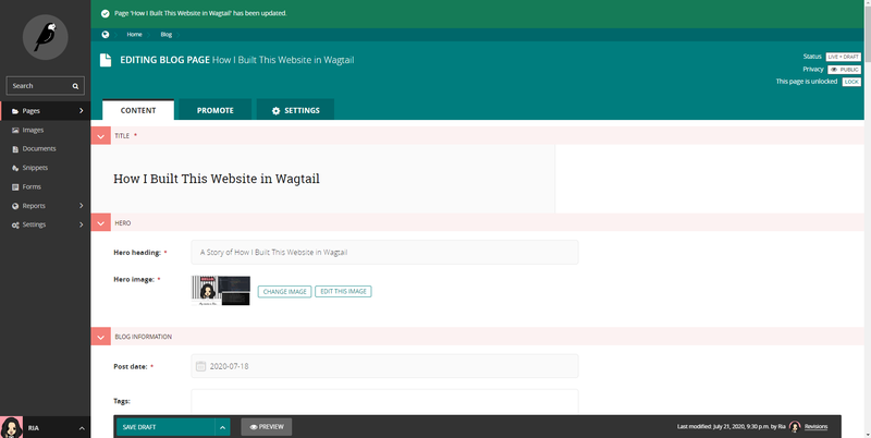 Blog Page Wagtail Admin Screenshot